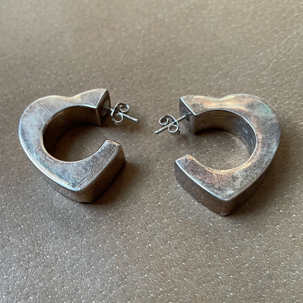 Heart ❤️ vintage 925 statement modernist earrings chunky geometric hoops - Picture 1 of 9